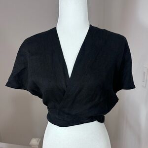 Reformation Crop Wrap Waist Linen Short Sleeve Blouse Medium
